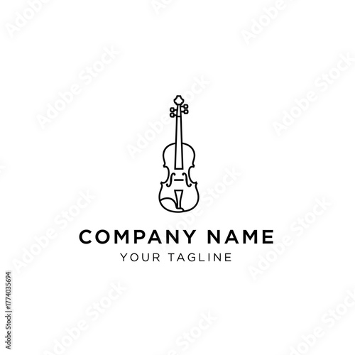 Minimalist line art logo featuring a violin, with placeholder text for a company name and tagline.