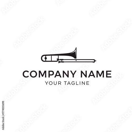 Black and white logo featuring a trombone, with company name and tagline below.