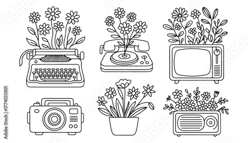 Hand-drawn black and white retro technology illustrations featuring floral and botanical designs