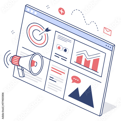 Website analytics dashboard with target, megaphone and graphs