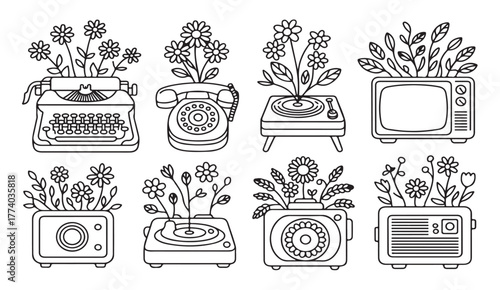 Vintage floral vector illustration set with typewriter, radio, and television decorated with blooming flowers