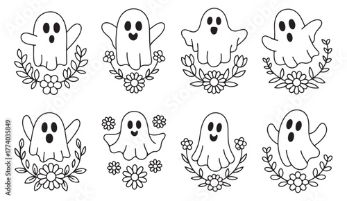 Cute and funny ghost illustrations surrounded by flowers for spooky festive design projects