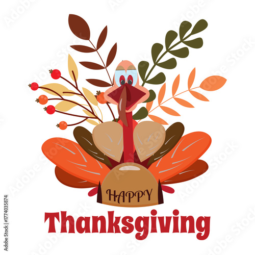 Happy Thanksgiving Day Holiday Cute Cartoon Turkey
