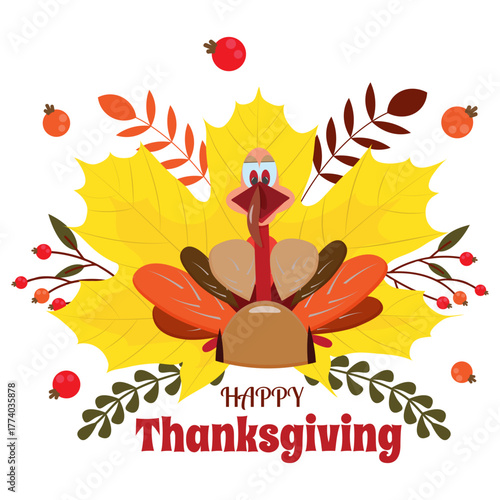 Thanksgiving Day Cute Cartoon Turkey Autumn Maple Leaf