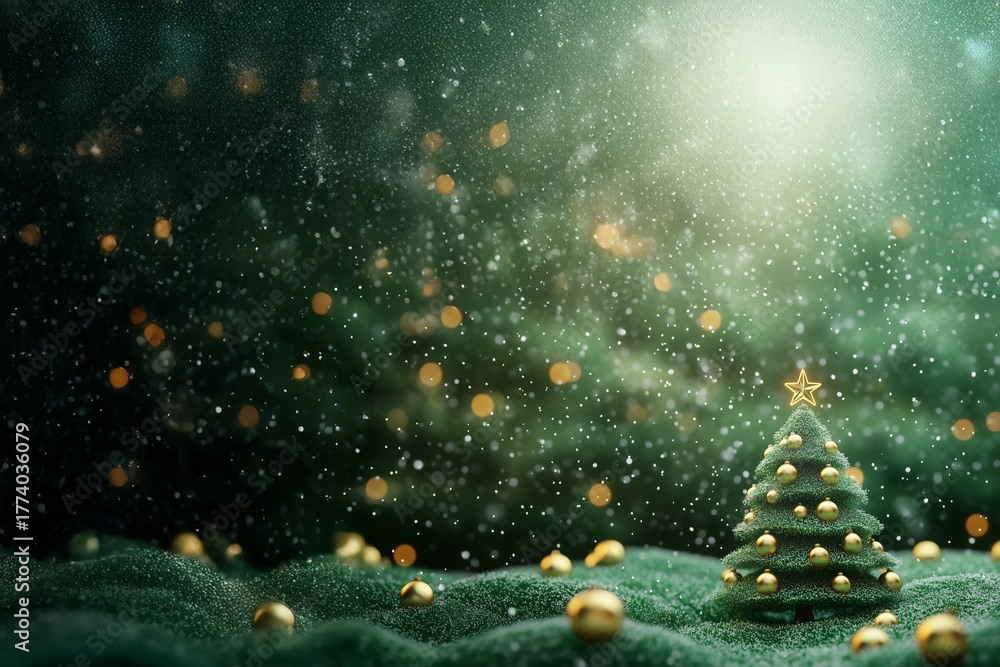 Naklejka premium Sapin de Noël miniature décoré de boules dorées sur fond vert scintillant avec neige et lumière diffuse, ambiance hivernale et féérique, Noël et fêtes de fin d’année avec espace négatif copyspace