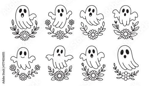 Hand-drawn spooky ghost illustration pack with flowers and leaves for creative Halloween artwork