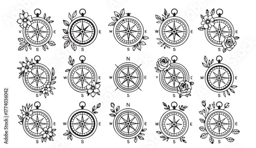 Nautical compass rose vector pack with floral embellishments and ornamental botanical decorations
