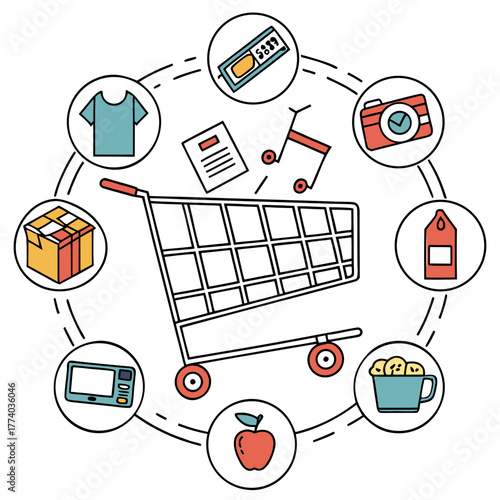 Shopping cart surrounded by product icons