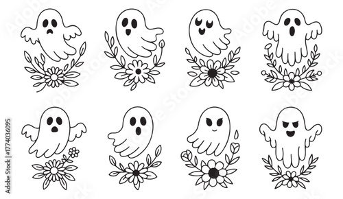 Cute floral ghost vector set with botanical elements for Halloween and autumn-themed design projects