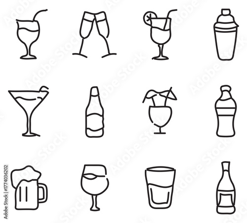 Collection of simple line art icons representing various beverages and drinkware