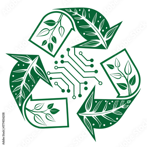 Recycle symbol with leaves and circuit board