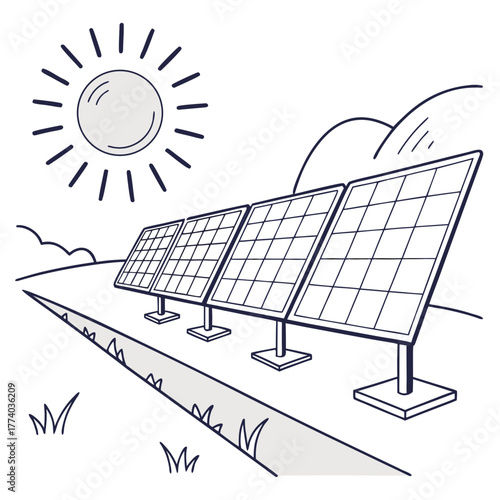 Solar panel array with sun and landscape