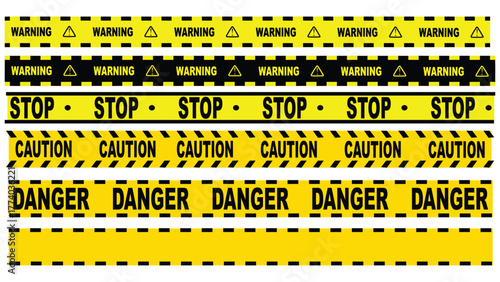Collection of yellow and black caution tapes with warning, stop, caution, danger text