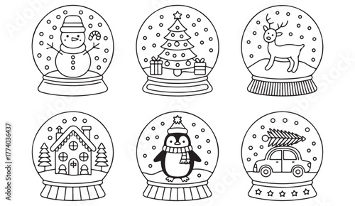 Festive black and white Christmas snow globe vector set with snowman, reindeer, and decorated tree illustrations