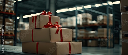 Boxes wrapped with red ribbons fill the warehouse, while a printer stands by, ready to assist with sale and shipping tasks