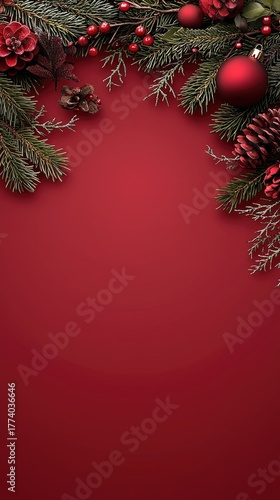 Wallpaper Mural A pine tree branch with golden and red ornaments rests against a rich red wall, creating a festive and cheerful holiday atmosphere Torontodigital.ca