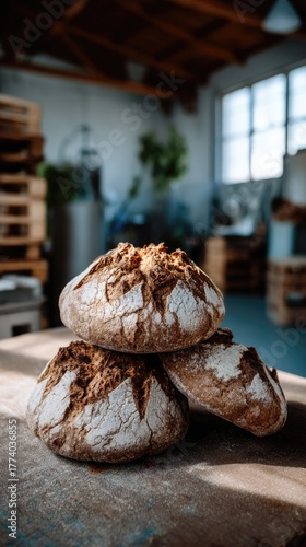 A variety of freshly baked bread is neatly arranged on a cloth. Brown eggs and more bread can be seen in the setting