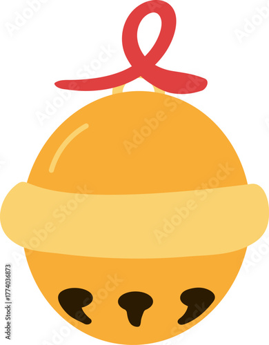 Christmas jingle bell ornament with red ribbon, cute xmas vector flat illustration