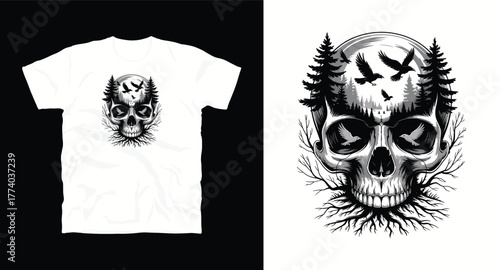 Skull with Pine Trees and Flying Birds Vector Graphic Forest Design Spooky Skeleton Art Illustration Silhouette Landscape Death Symbol Halloween Tattoo Artwork