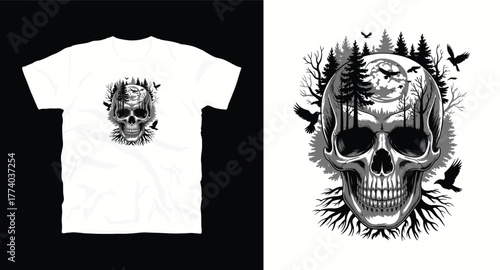 Detailed Skull with Forest Illustration Design T-shirt Print Halloween Horror Skeleton Anatomy Dead Theme Roots Raven Grunge Dark Vector Graphic Image