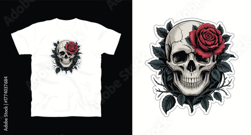 Skull with Rose Illustration Design Isolated on White Floral Ornament Decoration Botanical Tattoo Skeleton Human Print Gothic Creepy Death Dead