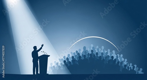 Silhouetted Speaker Addressing a Crowd