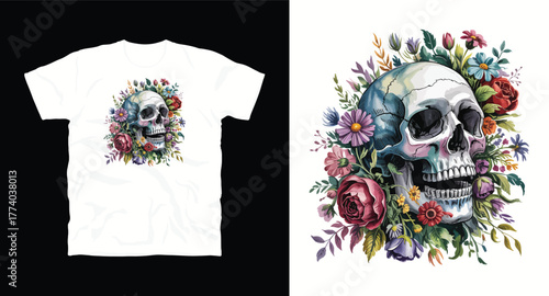 Skull and Floral T-Shirt Graphic Vector Design Roses Botanical Anatomy Illustration Style Apparel Clothing Fashion Trendy
