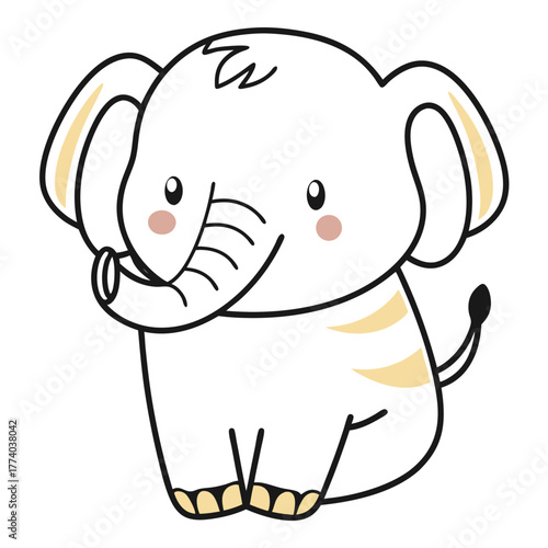Cute cartoon elephant character sitting and smiling with pink cheeks  