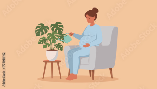 Happy pregnant woman nurturing her houseplant while resting comfortably at home