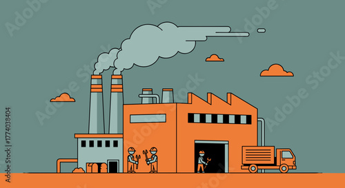 Industrial factory illustration with smoking chimneys workers and delivery truck Production concept