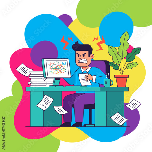 Furious businessman struggling with a heavy workload stress and technological chaos