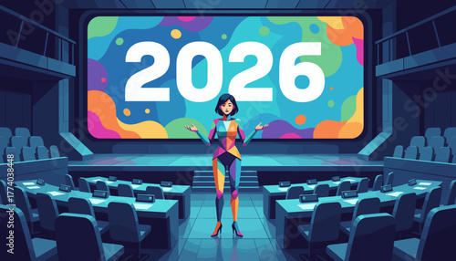 Speaker presenting the 2026 financial forecast in a futuristic conference hall illustration