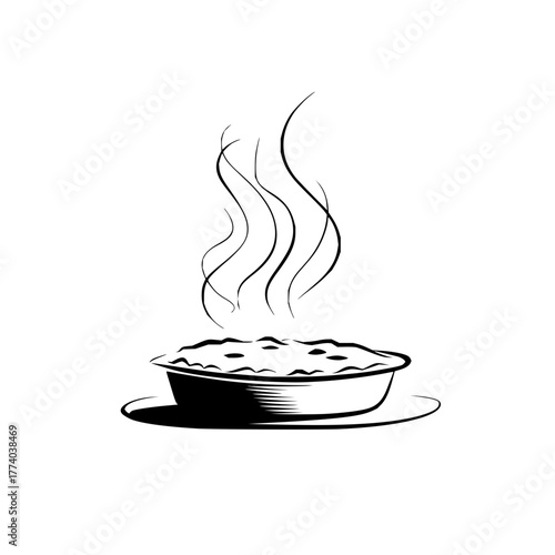 Illustration of a steaming dish on a plate with black and white line art and a simple background design