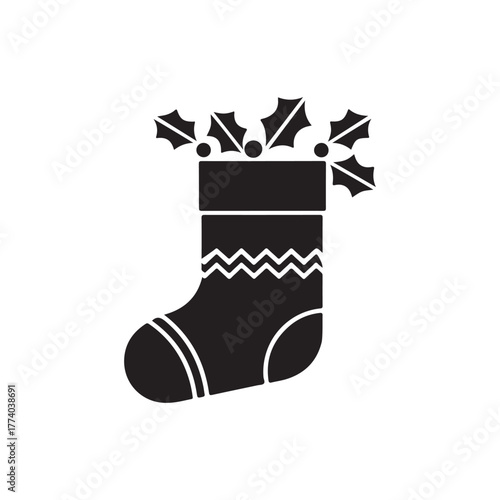 black christmas stocking with holly clip art preview