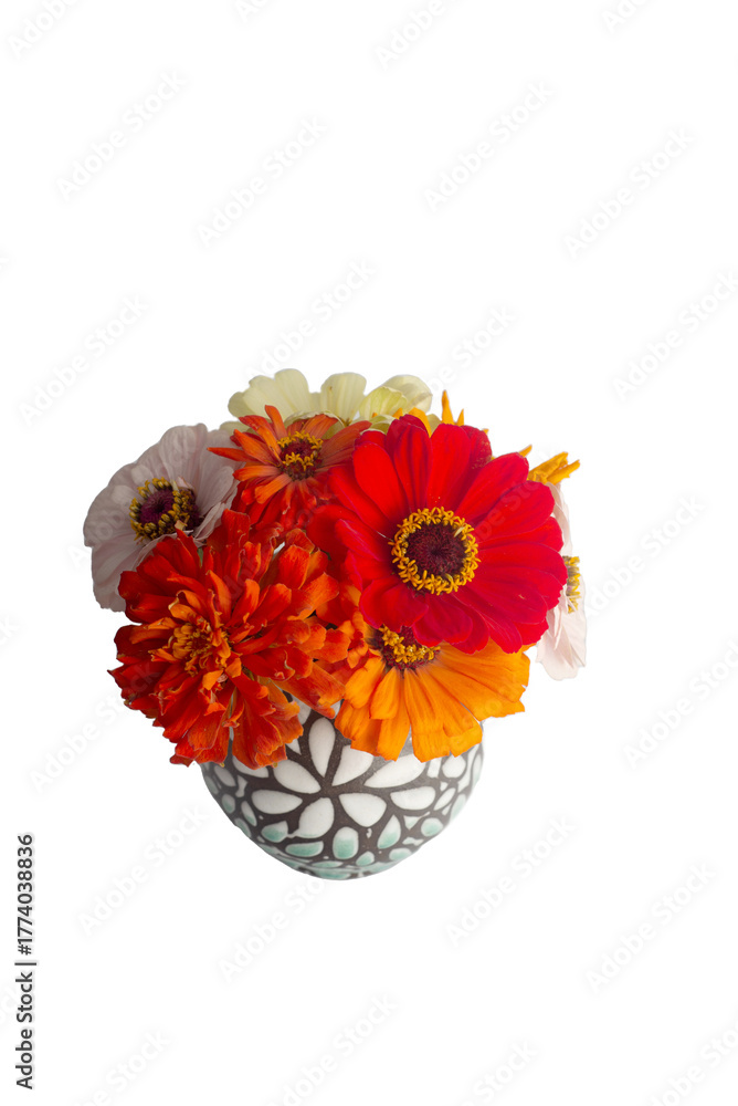 Obraz premium Photo of bouquet of colorful zinnia flowers in vase with transparent background