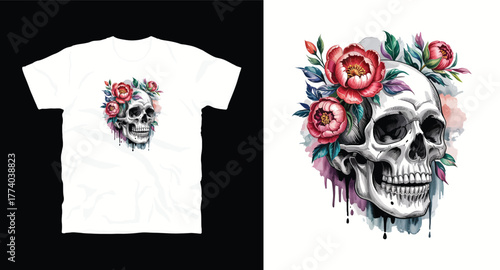 Skull with Red Peony Flowers Watercolor Vector Graphic Art for Apparel Botanical and Anatomy Design Elegant and Decorative Skull Floral Arrangement Illustration