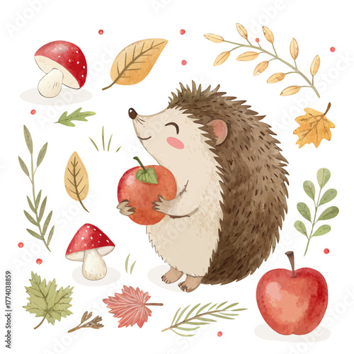 Happy hedgehog holding an apple surrounded by autumn leaves and mushrooms  