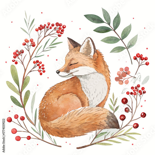 Fox resting among red berries and green leaves in watercolor style  