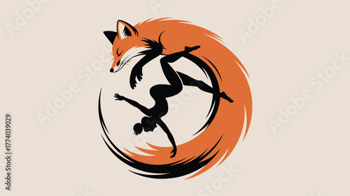 Artistic silhouette of woman in dynamic yoga pose with fox, symbolizing balance and harmony for wellness brands and creative projects
