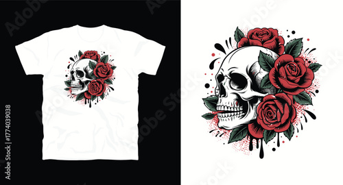 Skull with Roses T-Shirt Design Engraving Style Illustration Print for Clothing Skull and Roses Tattoo Gothic Skeleton Death Head Symbol Floral