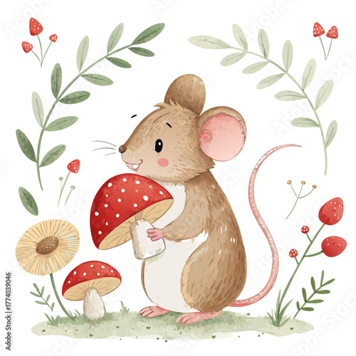 Cute mouse holding red mushroom in a colorful nature setting  