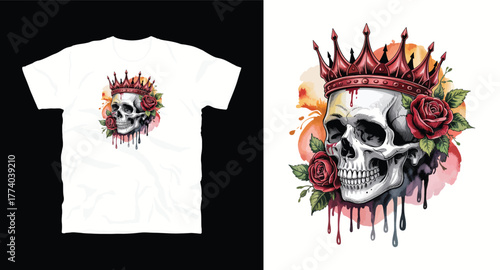 Regal Skull with Crown and Roses Graphic Design Artistic Skull Wearing Royal Crown Floral Skull Artwork Symbol of Power and Beauty Dark Skull Art with Rose Embellishments