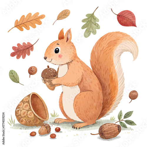 Cute squirrel holding acorn surrounded by autumn leaves  