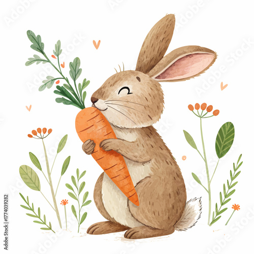 Happy rabbit holding a carrot among colorful flowers and greenery  