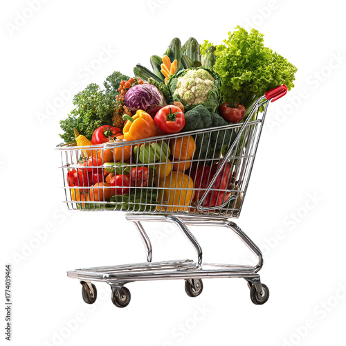 Shopping cart full of fresh vegetables, fruits and other healthy grocery food. Isolated on transparent background, png