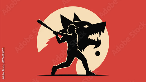 Dynamic baseball player swings bat against fierce wolf silhouette symbolizing aggressive competition and powerful teamwork in sports