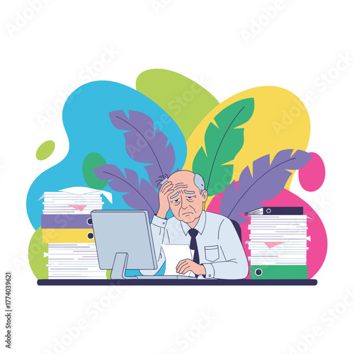 Stressed senior employee overwhelmed by a huge workload and document piles suffering from burnout