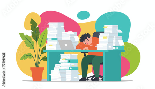 Exhausted office worker sleeping on a desk overwhelmed by huge stacks of paperwork Burnout concept