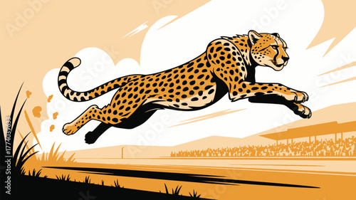 Dynamic cheetah sprinting at full speed across savanna landscape with cheering crowd in background, symbolizing power and agility