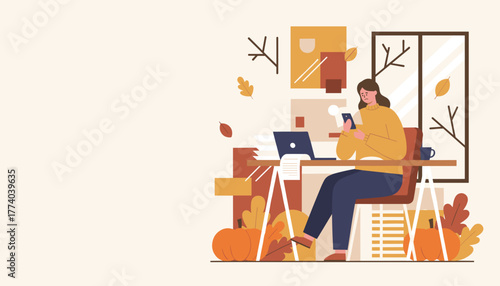 Sad woman uses phone at home office desk during autumn surrounded by pumpkins and fall leaves
